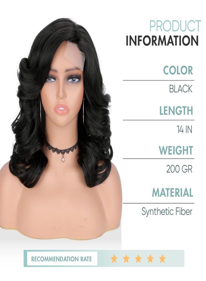 WIGER Short Wavy Wigs for Women Black Loose Wave Bob Hair Wig 14 Inch Side Part Big Curly Glueless Lace Part Hair Synthetic Curly Wig for Daily or Party - Image 2